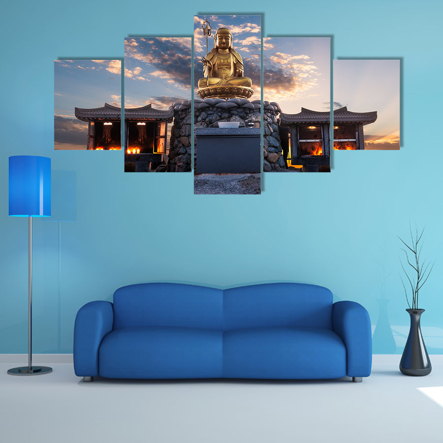The Sunrise Behind The Statue Of Buddhist In Front Of A Temple In South Korea Multi Panel Canvas Wall Art