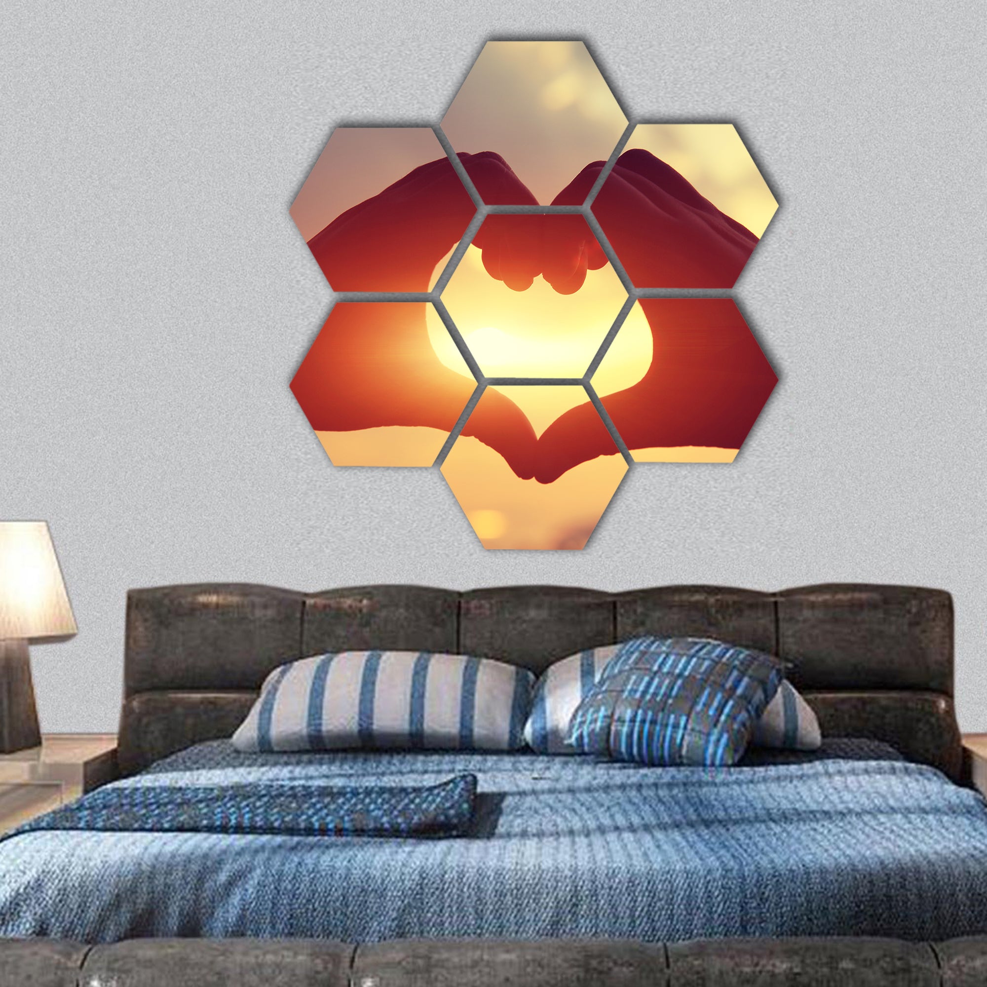 Heart shape making of hands hexagonal canvas wall art