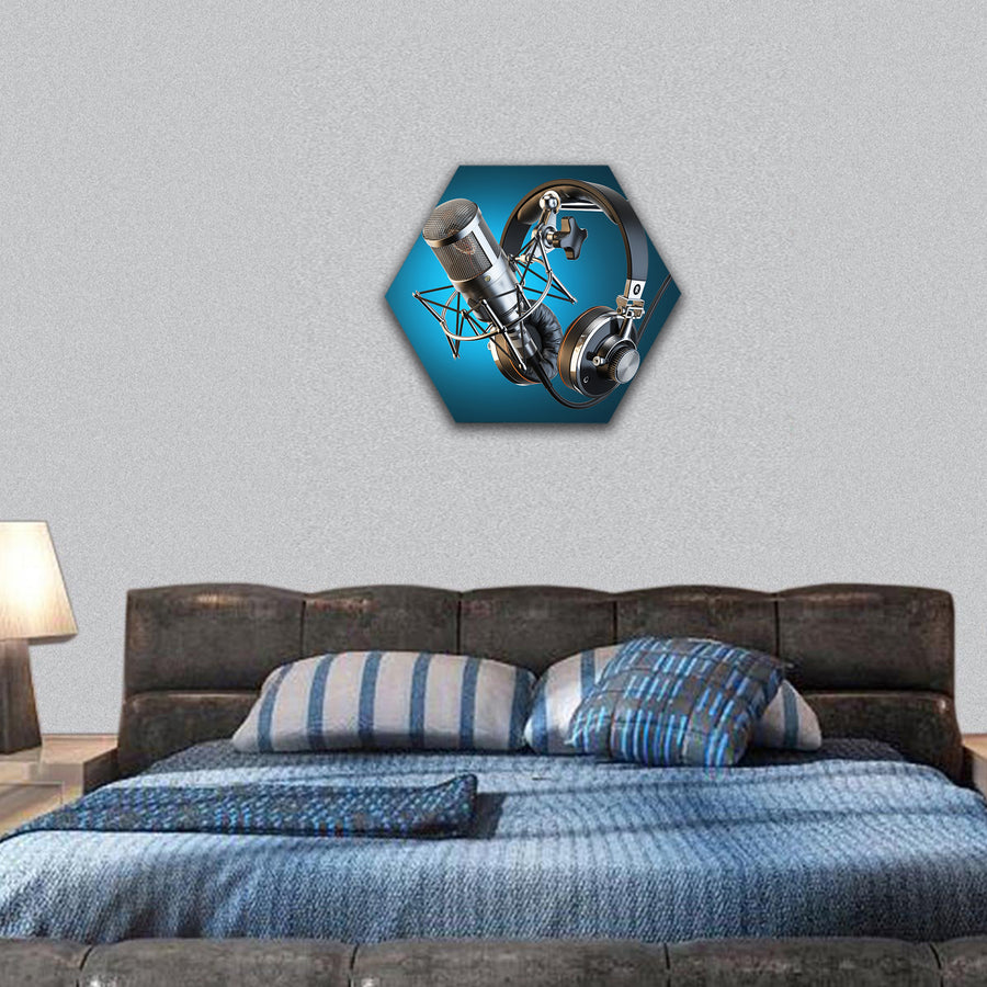 Headphones and microphone hexagonal canvas wall art