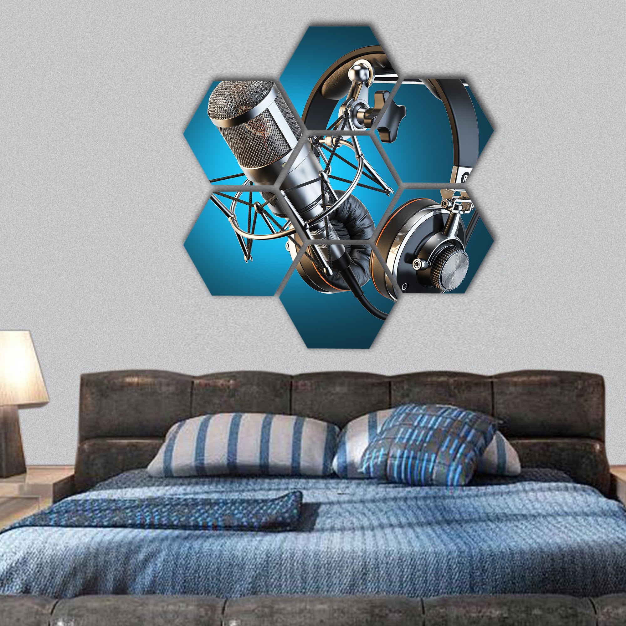 Headphones and microphone hexagonal canvas wall art