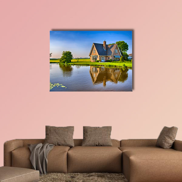 Red bricks house in countryside near the lake multi panel canvas wall art