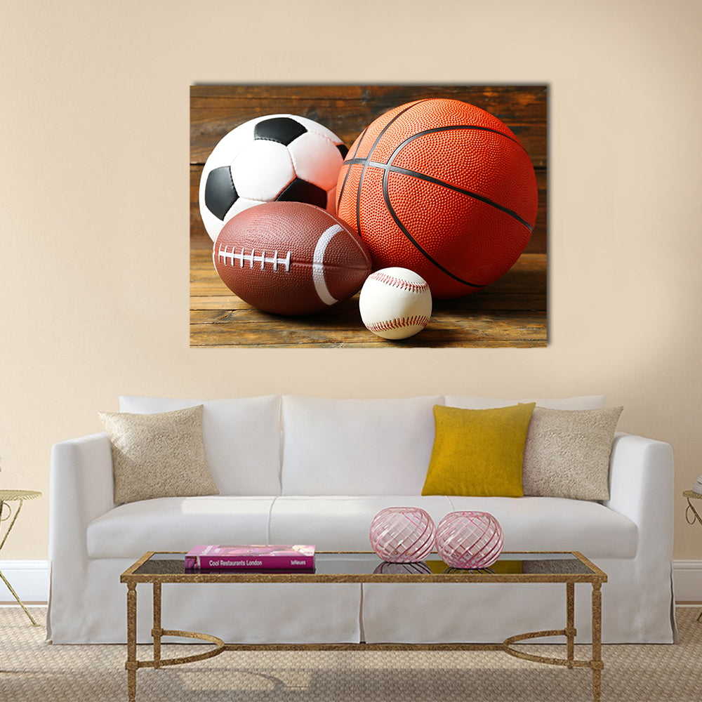 Sports balls on wooden background Multi panel canvas wall art