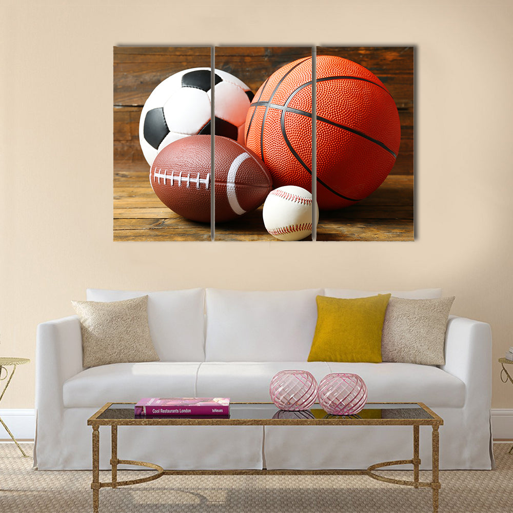 Sports balls on wooden background Multi panel canvas wall art