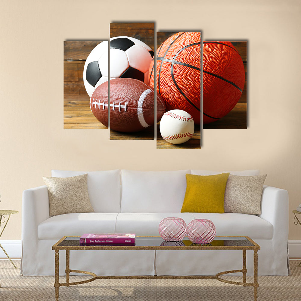 Sports balls on wooden background Multi panel canvas wall art