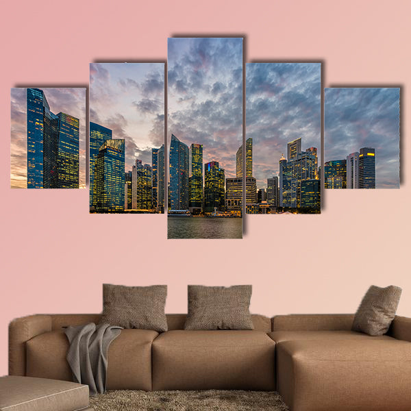 Singapore skyline and Financial Building with river at Marina Bay Area multi panel canvas wall art
