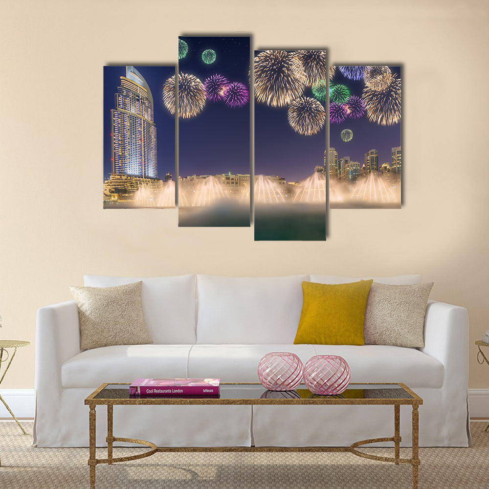 Beautiful fireworks above dancing fountain in front of Burj Khalifa  multi panel canvas wall art