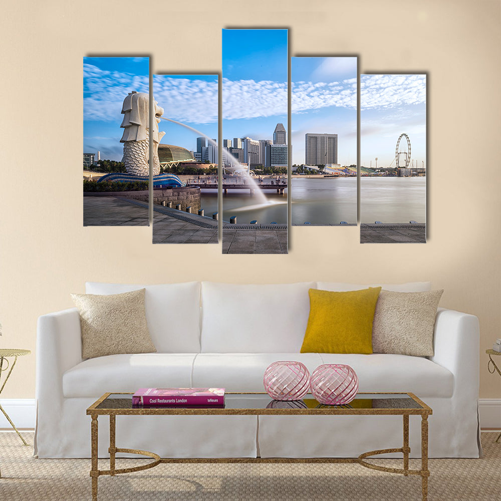 Sunrise in the morning at Merlion Singapore Marina Bay sand Multi panel canvas wall art