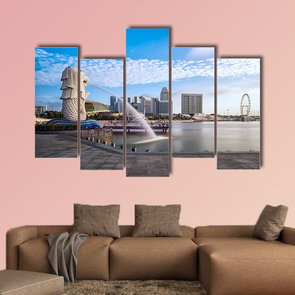 Sunrise in the morning at merlion Singapore Marina Bay sand multi panel canvas wall art