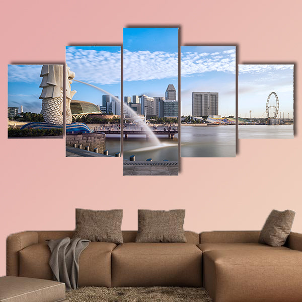 Sunrise in the morning at merlion Singapore Marina Bay sand multi panel canvas wall art