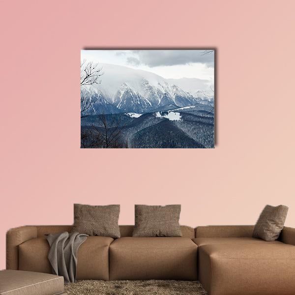 Winter landscape in the mountains with snow covered forest and blue cloudy sky Multi panel canvas wall art