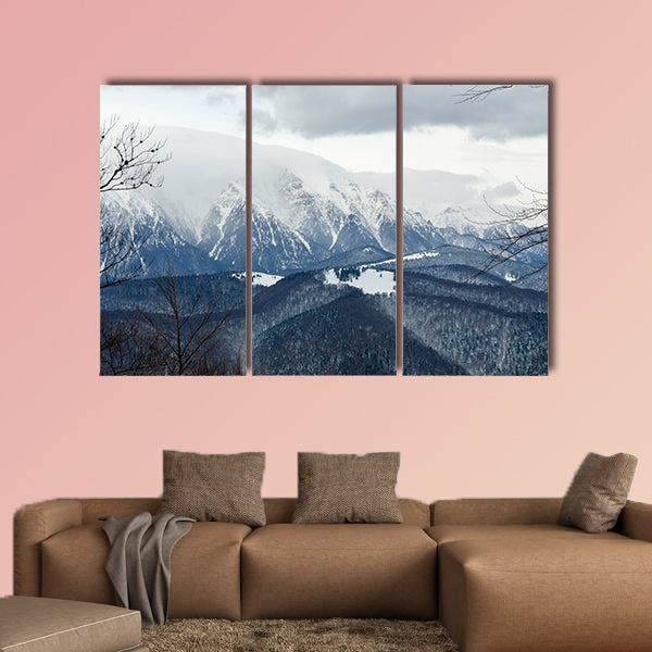 Winter landscape in the mountains with snow covered forest and blue cloudy sky Multi panel canvas wall art
