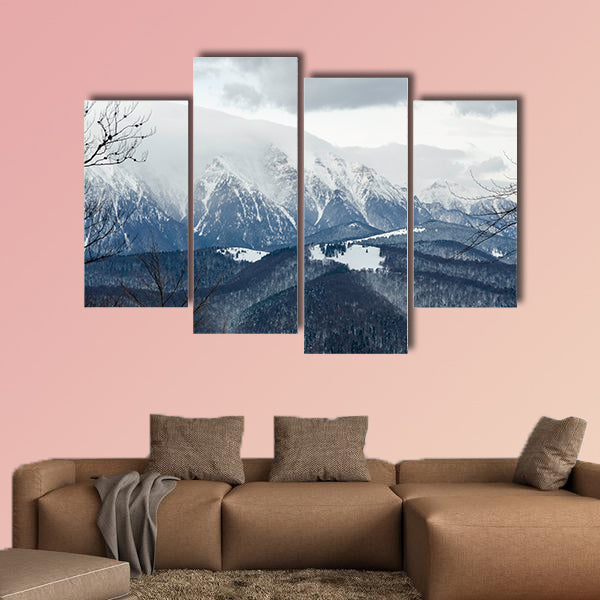 Winter landscape in the mountains with snow covered forest and blue cloudy sky Multi panel canvas wall art