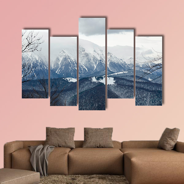Winter landscape in the mountains with snow covered forest and blue cloudy sky Multi panel canvas wall art