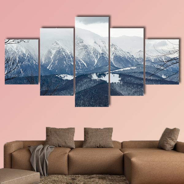 Winter landscape in the mountains with snow covered forest and blue cloudy sky Multi panel canvas wall art