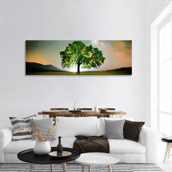 Lonely tree on field under milky way galaxy, Romania Panoramic Canvas Wall Art