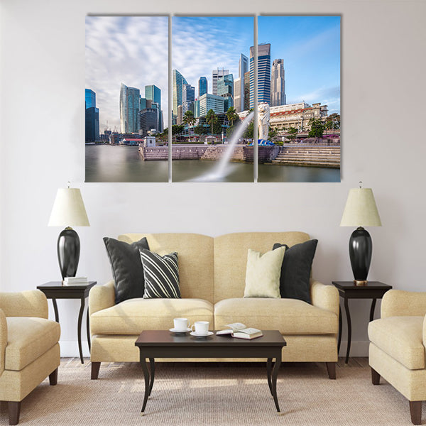 Singapore skyline and river at Merlion Bay Multi panel canvas wall art