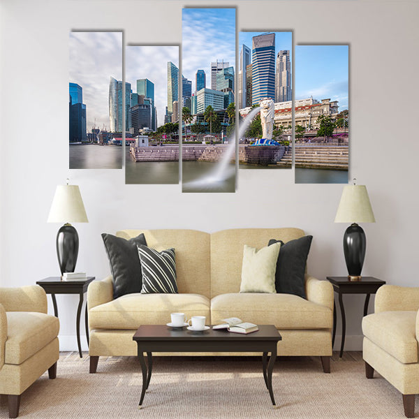 Singapore skyline and river at Merlion Bay Multi panel canvas wall art
