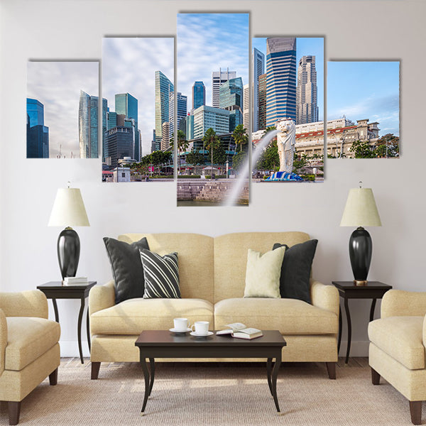 Singapore skyline and river at Merlion Bay Multi panel canvas wall art