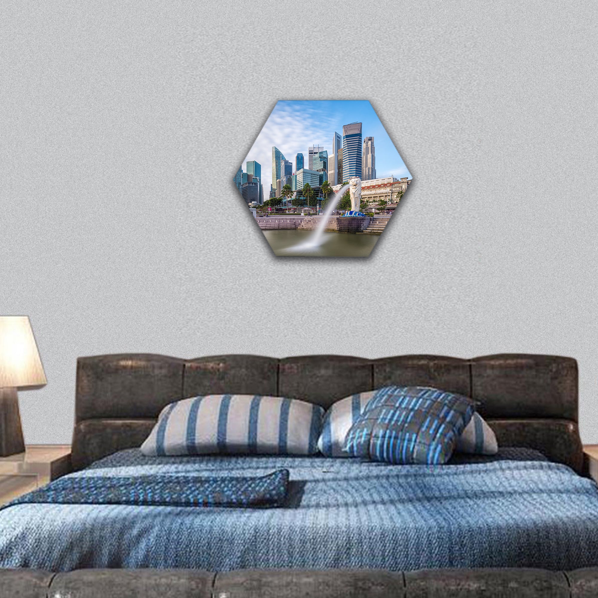 Singapore skyline and river at Merlion Bay hexagonal canvas wall art