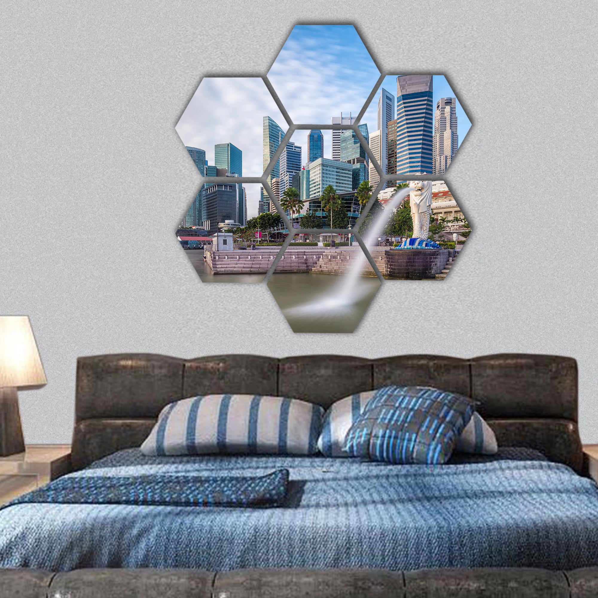 Singapore skyline and river at Merlion Bay hexagonal canvas wall art