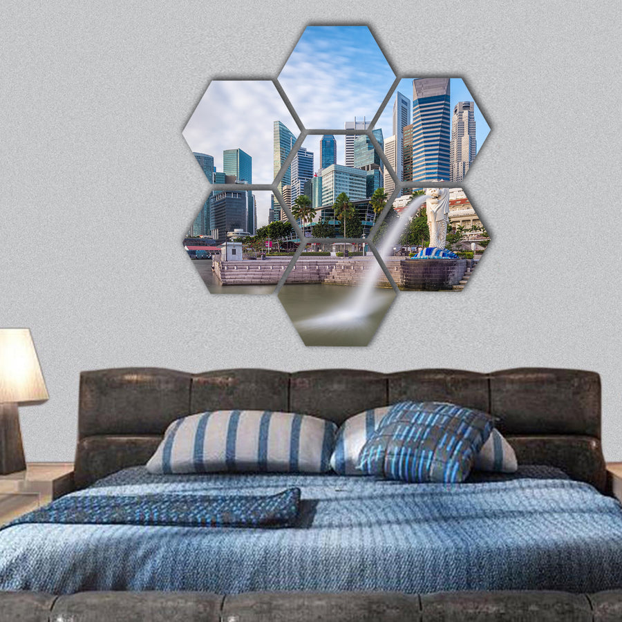Singapore skyline and river at Merlion Bay hexagonal canvas wall art