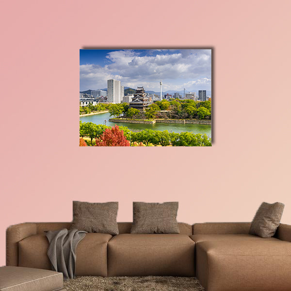 Hiroshima, Japan city skyline at the castle multi panel canvas wall art