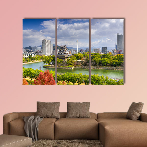 Hiroshima, Japan city skyline at the castle multi panel canvas wall art