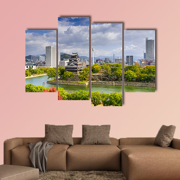 Hiroshima, Japan city skyline at the castle multi panel canvas wall art
