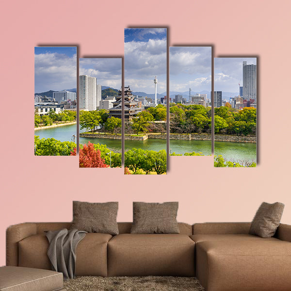 Hiroshima, Japan city skyline at the castle multi panel canvas wall art