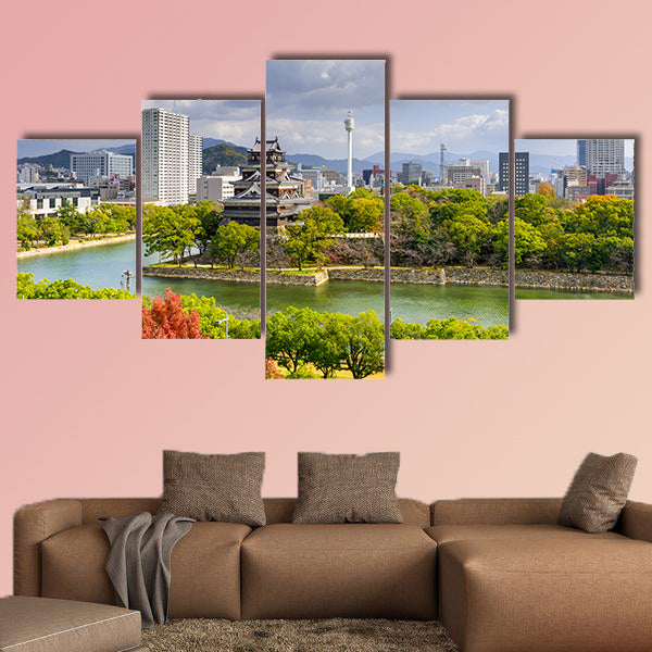 Hiroshima, Japan city skyline at the castle multi panel canvas wall art