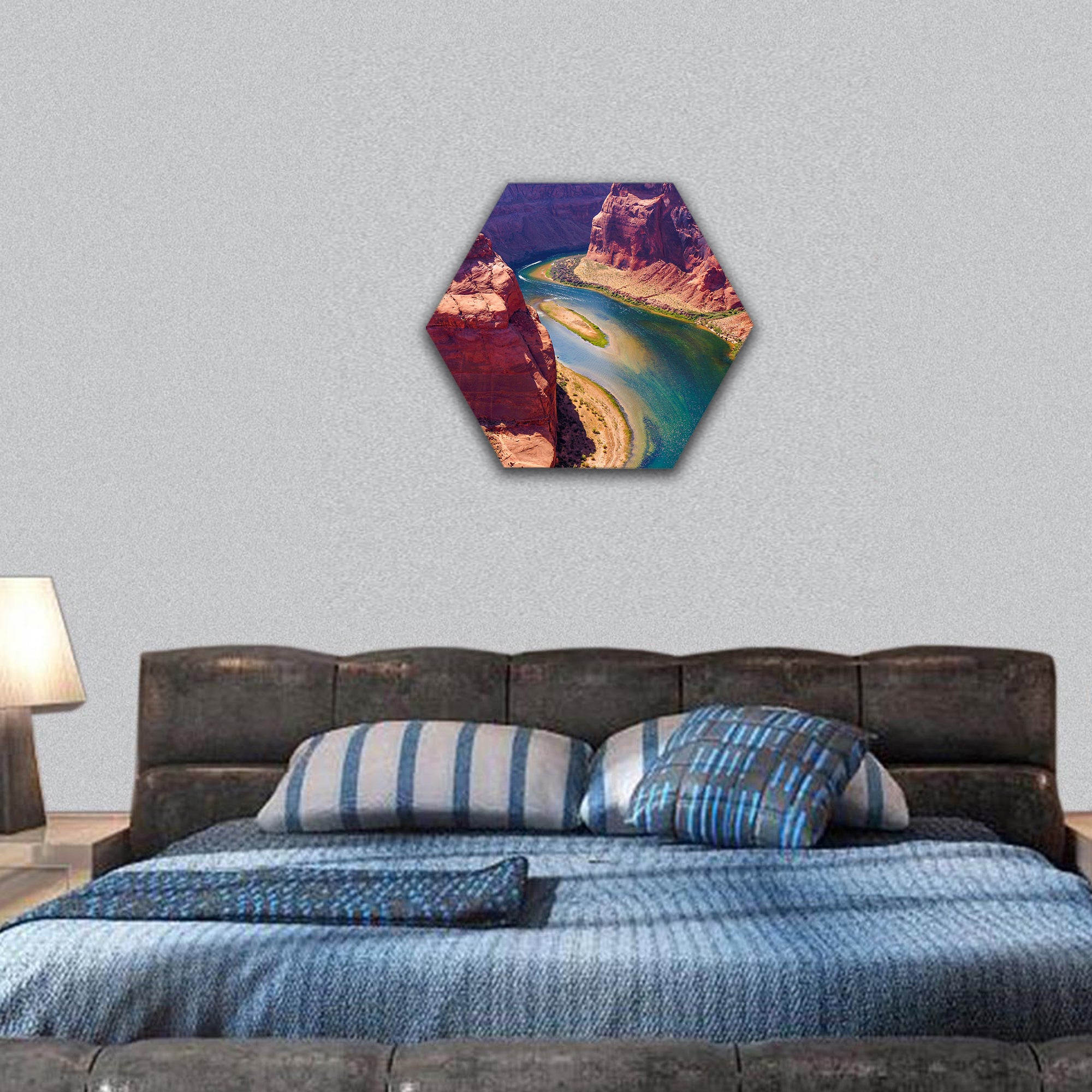 Colorado River cuts through rock at Horseshoe hexagonal canvas wall art