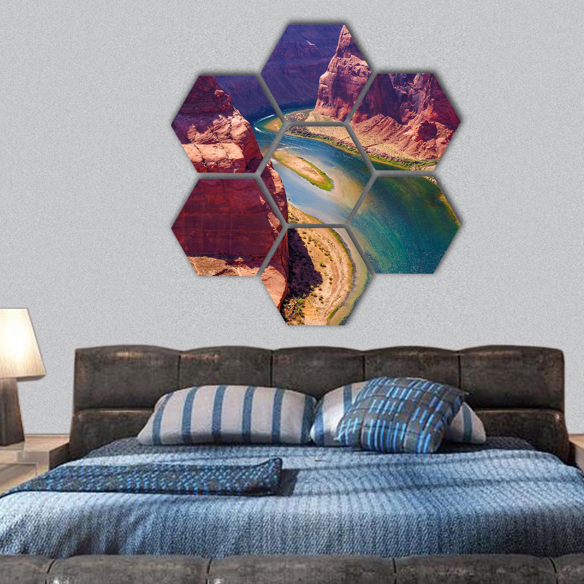Colorado River cuts through rock at Horseshoe hexagonal canvas wall art