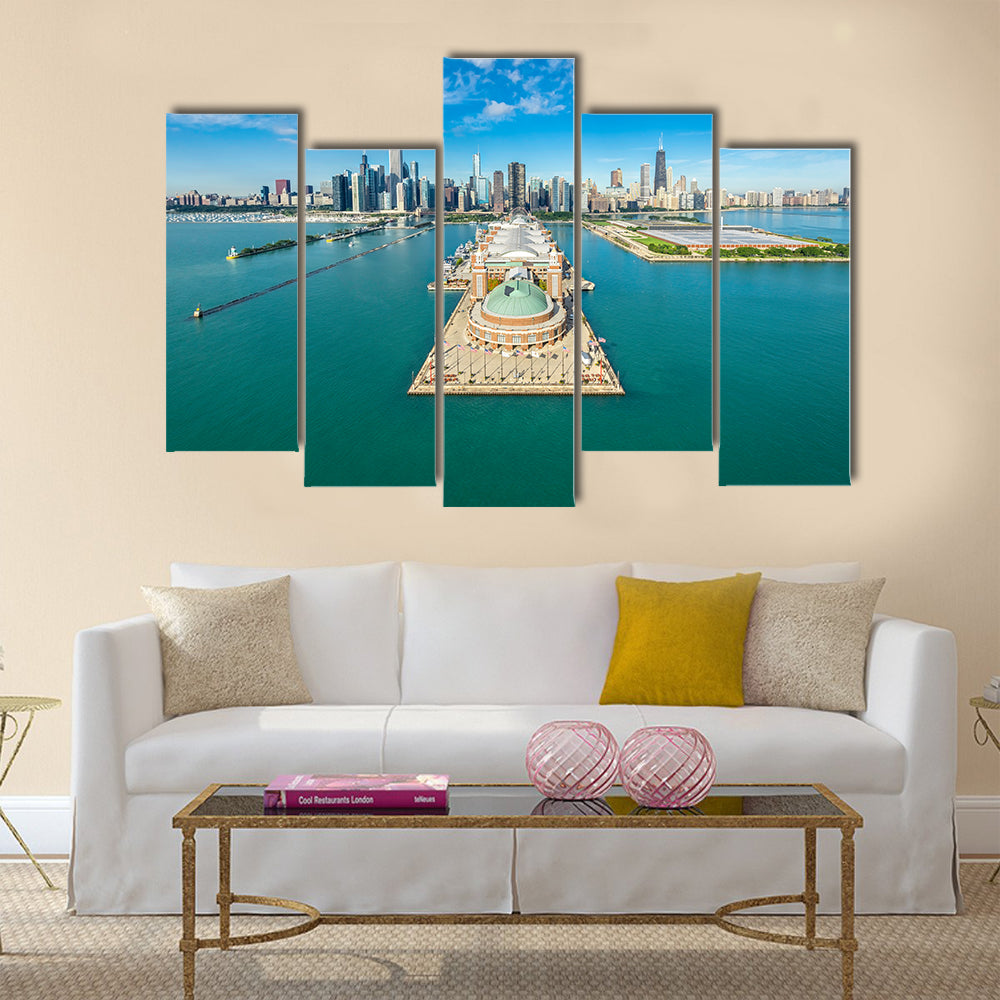 The Chicago Skyline Aerial View Navy Pier Multi Panel Canvas Wall Art