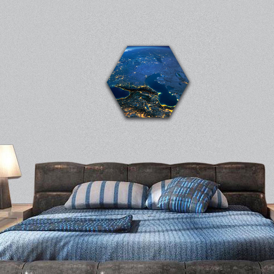 Night planet Earth, Caucasus and the Caspian Sea hexagonal canvas wall art