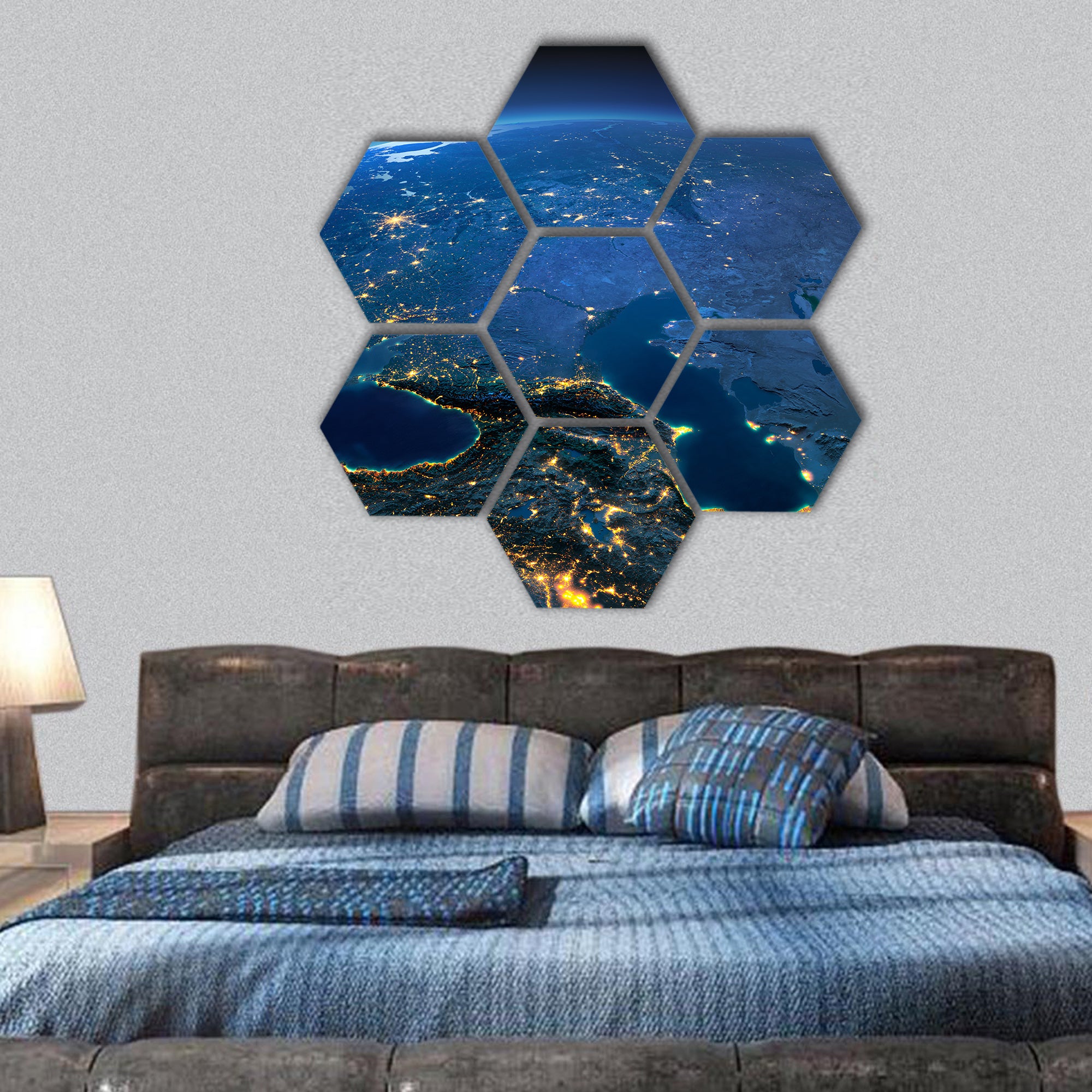 Night planet Earth, Caucasus and the Caspian Sea hexagonal canvas wall art