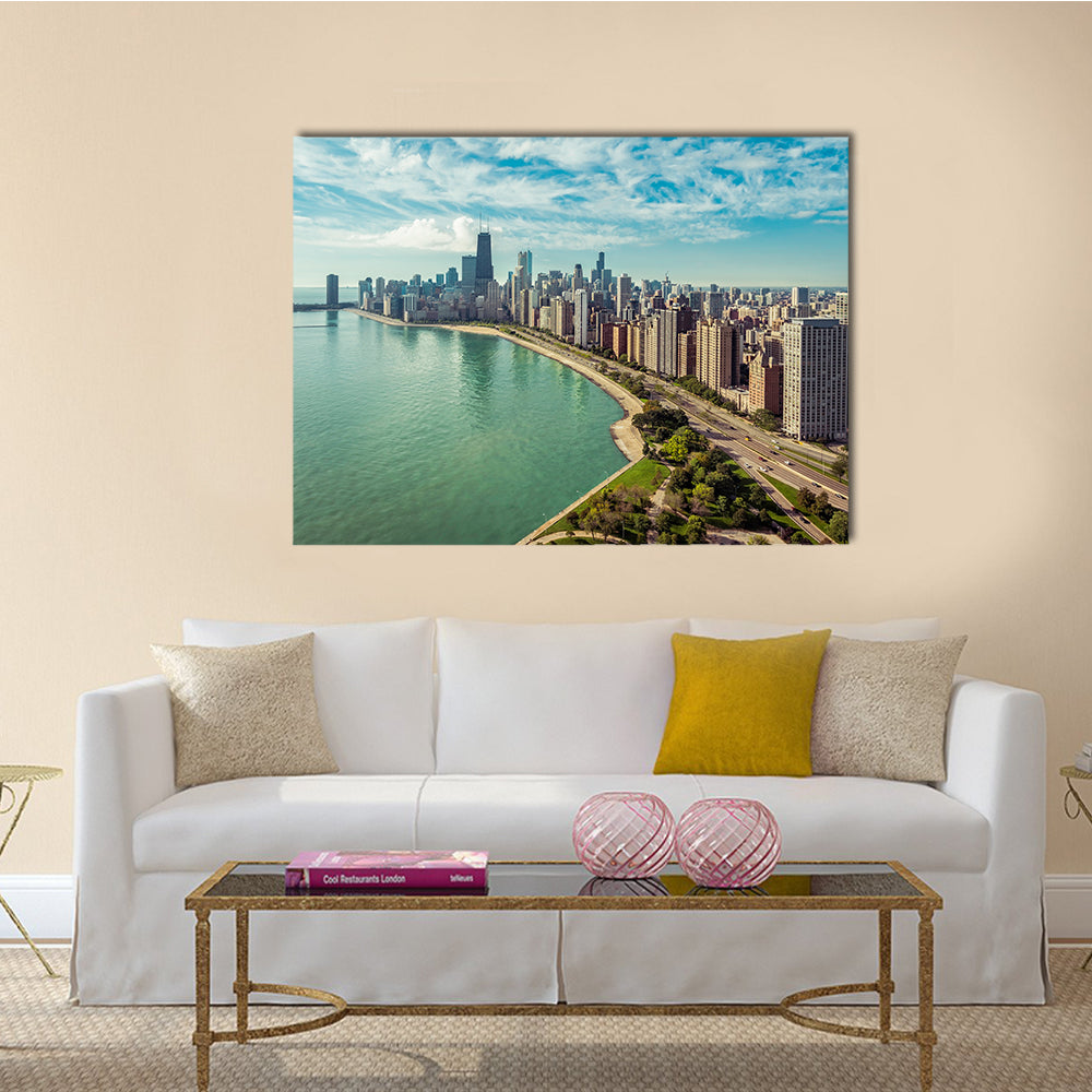 The Chicago Skyline With Road By The Beach Multi Panel Canvas Wall Art