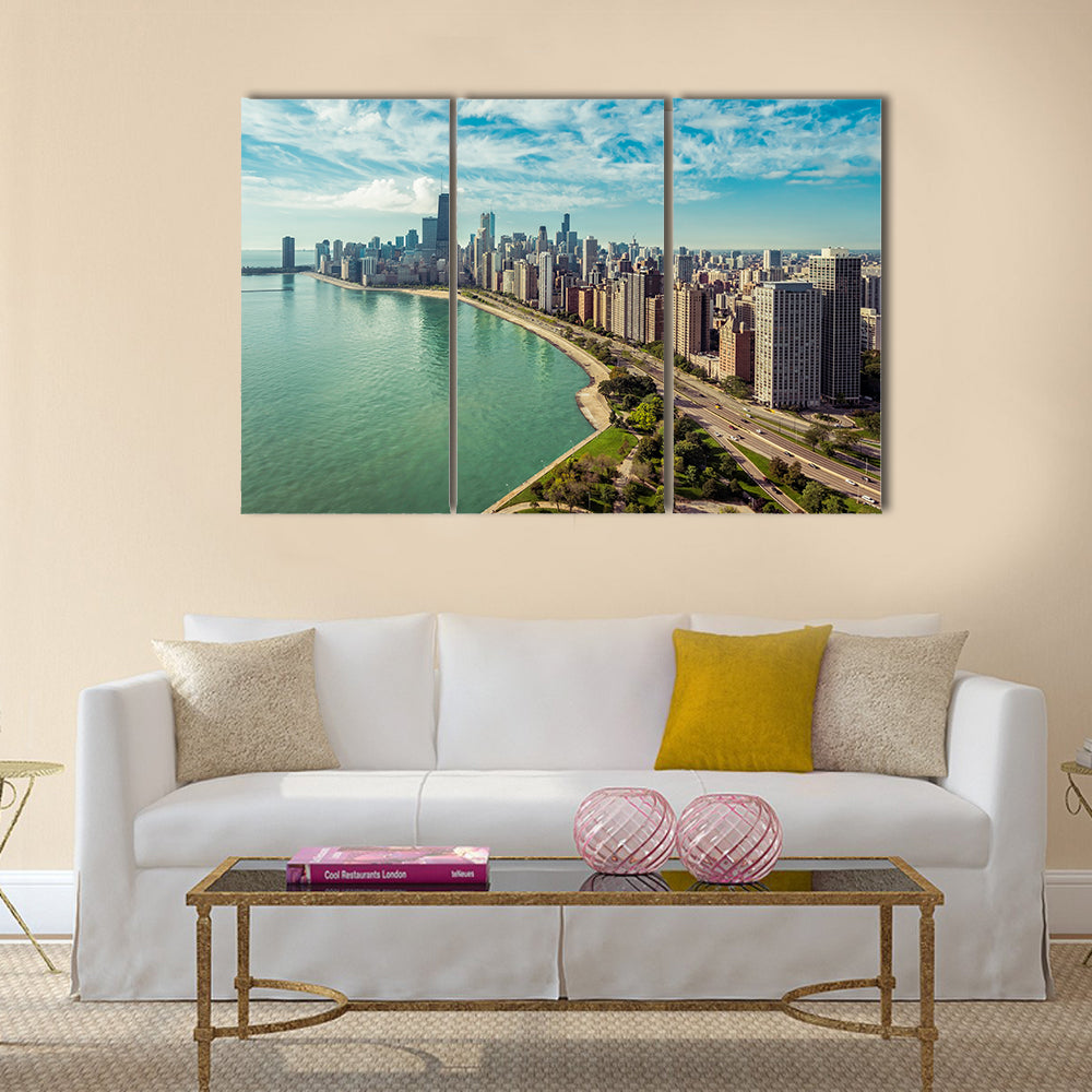 The Chicago Skyline With Road By The Beach Multi Panel Canvas Wall Art