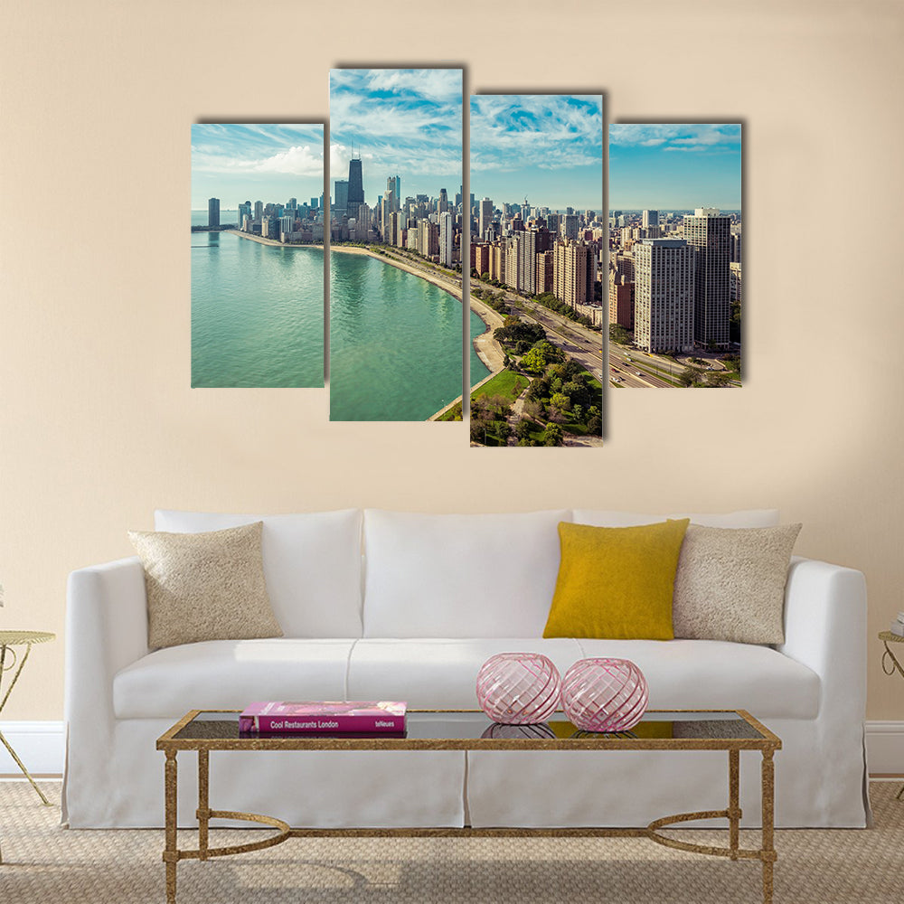 The Chicago Skyline With Road By The Beach Multi Panel Canvas Wall Art