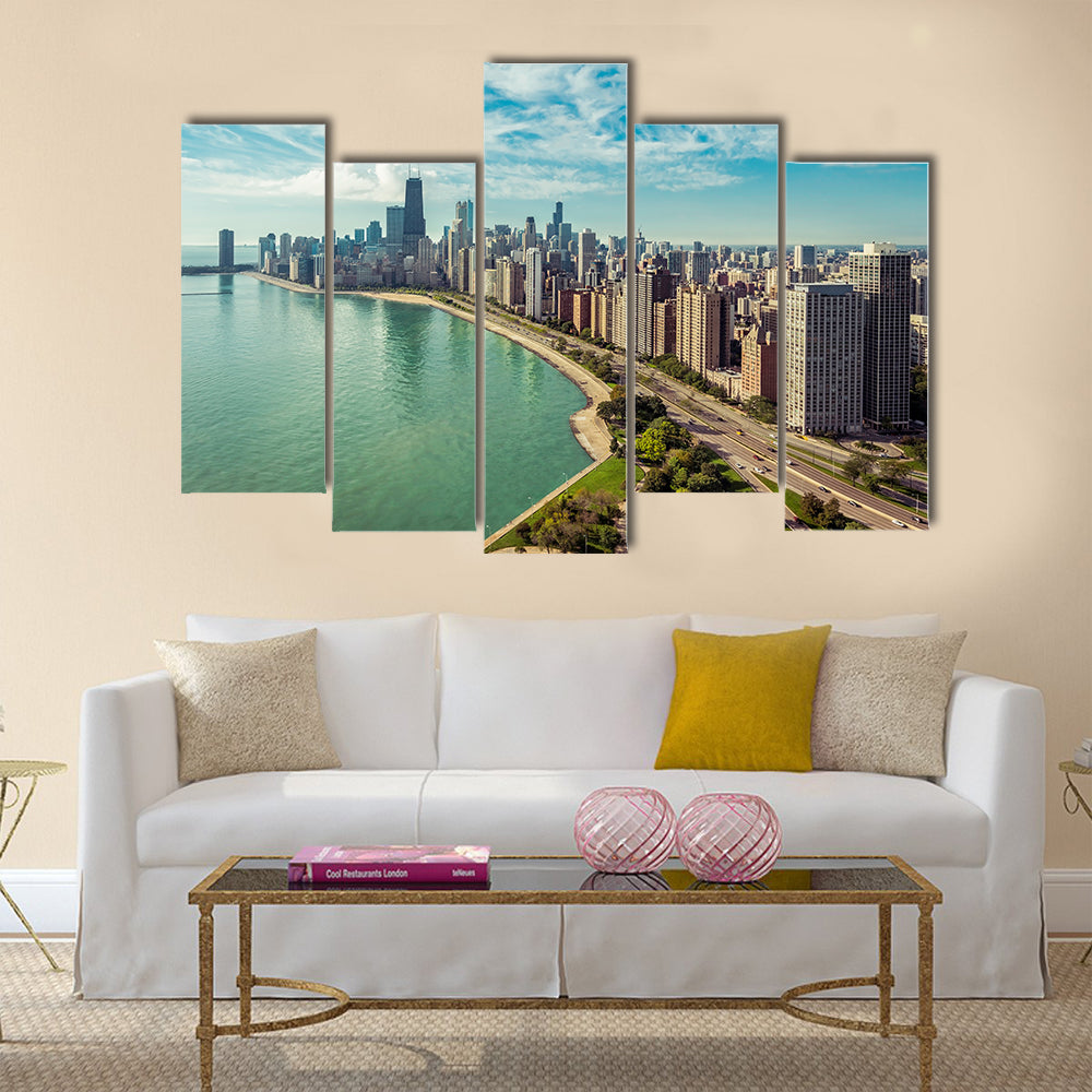 The Chicago Skyline With Road By The Beach Multi Panel Canvas Wall Art