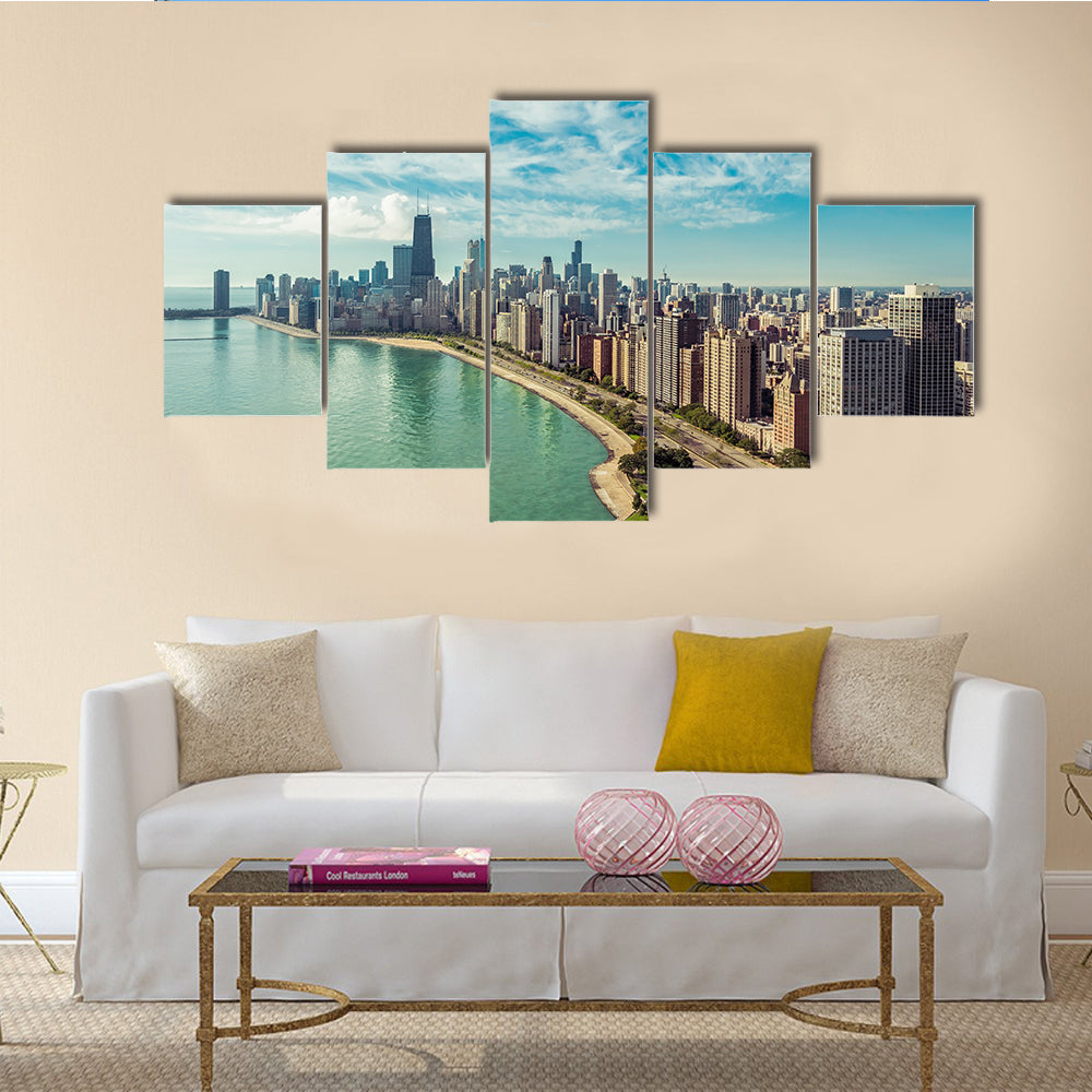 The Chicago Skyline With Road By The Beach Multi Panel Canvas Wall Art