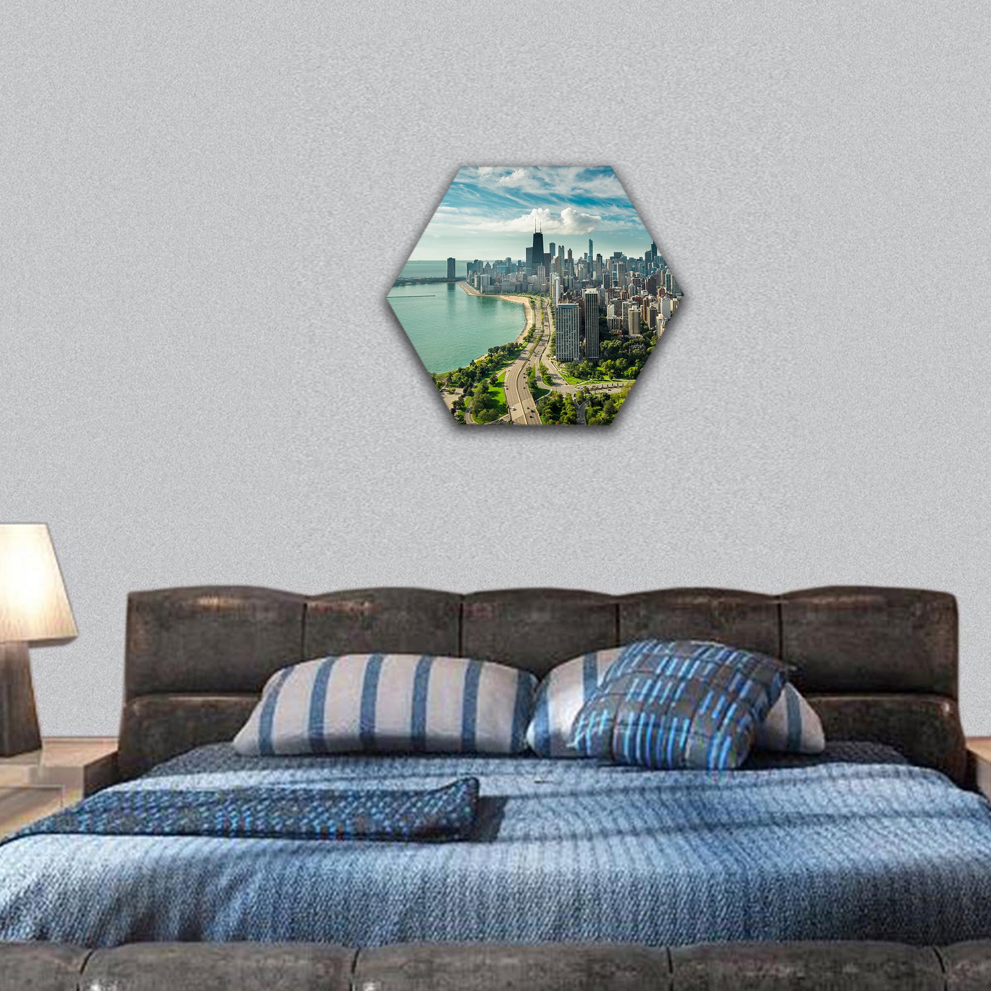 Chicago Skyline aerial view with road by the beach hexagonal canvas wall art