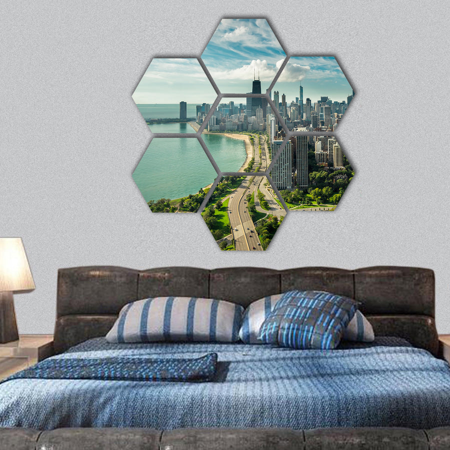 Chicago Skyline aerial view with road by the beach hexagonal canvas wall art
