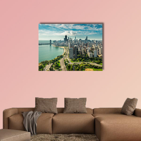 Chicago Skyline aerial view with road by the beach multi panel canvas wall art