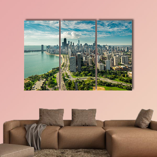 Chicago Skyline aerial view with road by the beach Multi panel canvas wall art