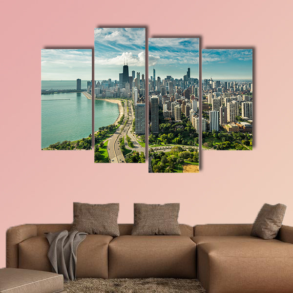 Chicago Skyline aerial view with road by the beach Multi panel canvas wall art