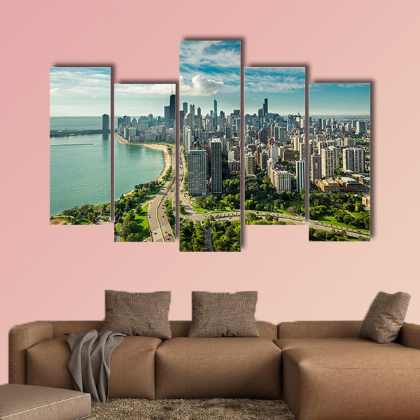 Chicago Skyline aerial view with road by the beach Multi panel canvas wall art