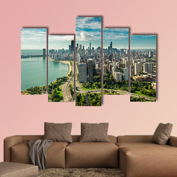 Chicago Skyline aerial view with road by the beach multi panel canvas wall art