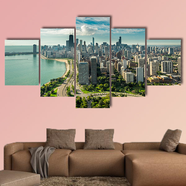 Chicago Skyline aerial view with road by the beach Multi panel canvas wall art