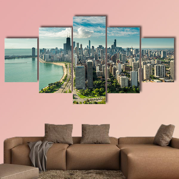 Chicago Skyline aerial view with road by the beach multi panel canvas wall art