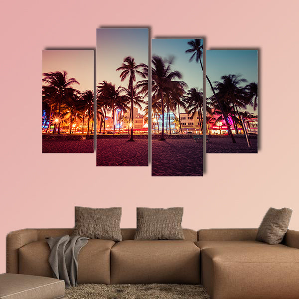 Ocean Drive Street with illuminated buildings, South Beach, Florida multi panel canvas wall art